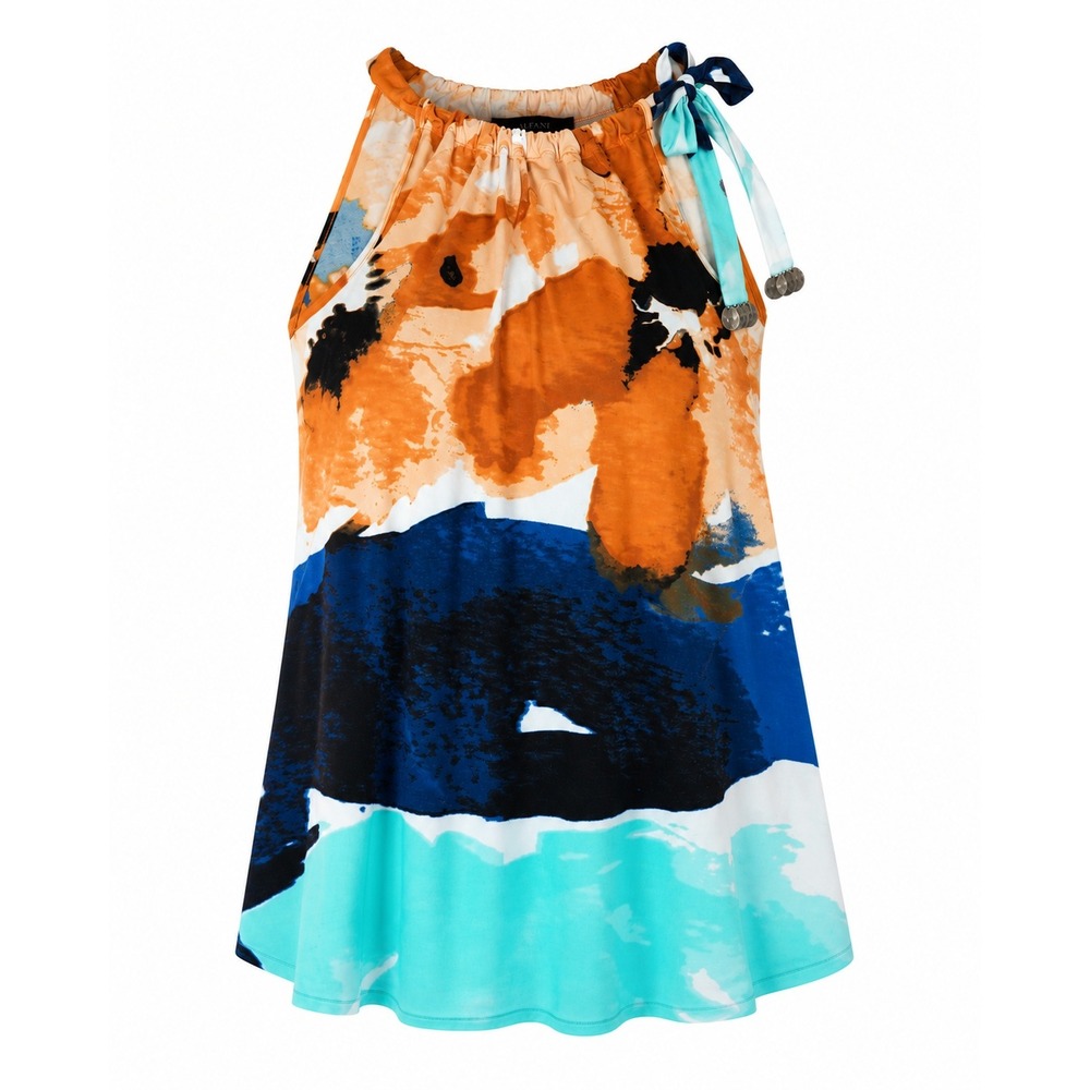 Alfani Womens XL Abstract Print Halter Neck‎ Top Orange Teal Blue Coin Charms